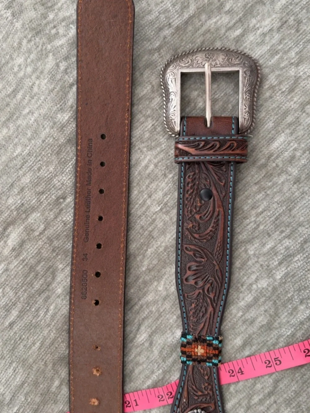 Brown Tooled Leather Belt with Turquoise Accents - Picture 2 of 3